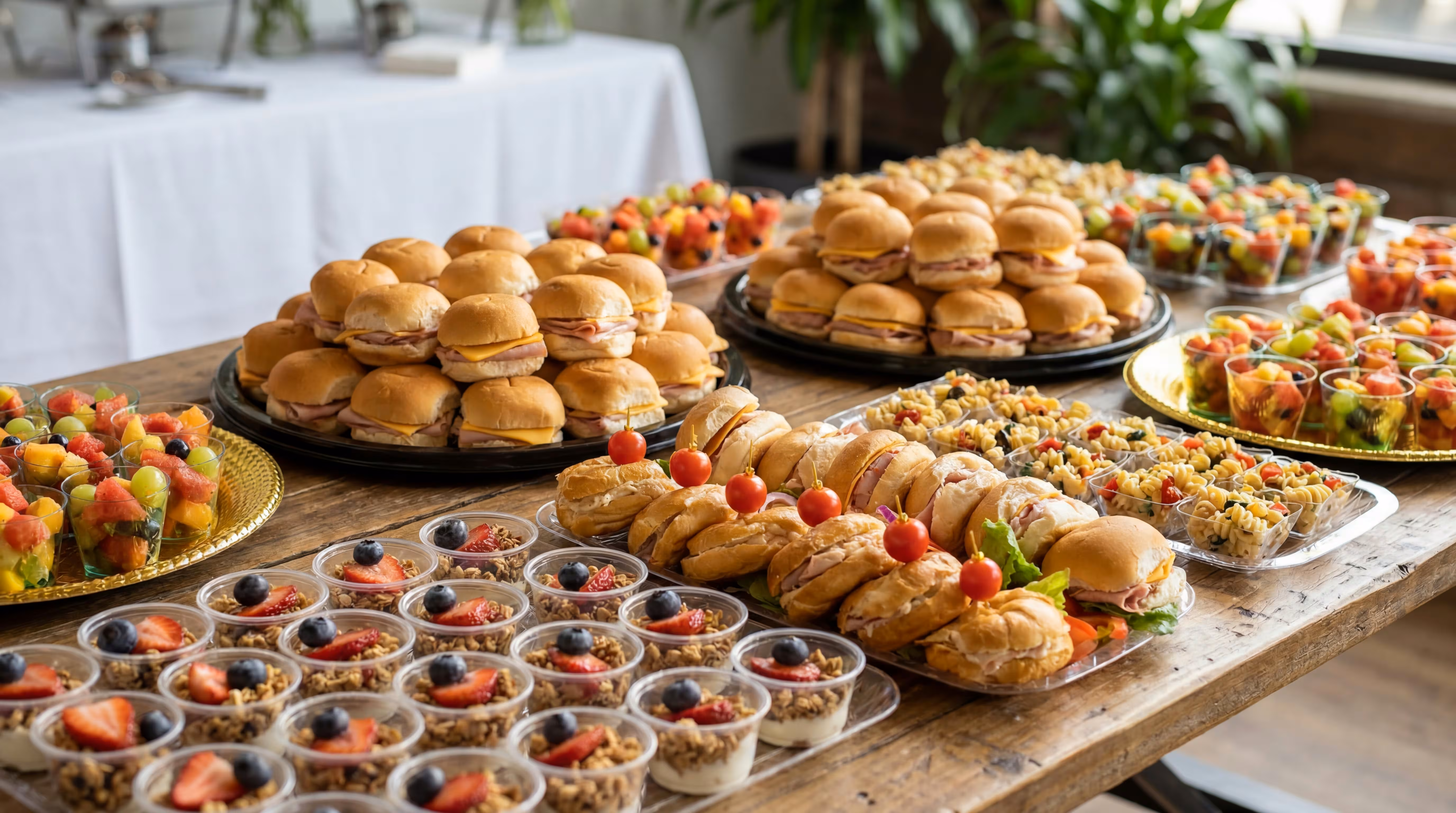 Fit4Life catering spread of sandwiches, fruit and snacks