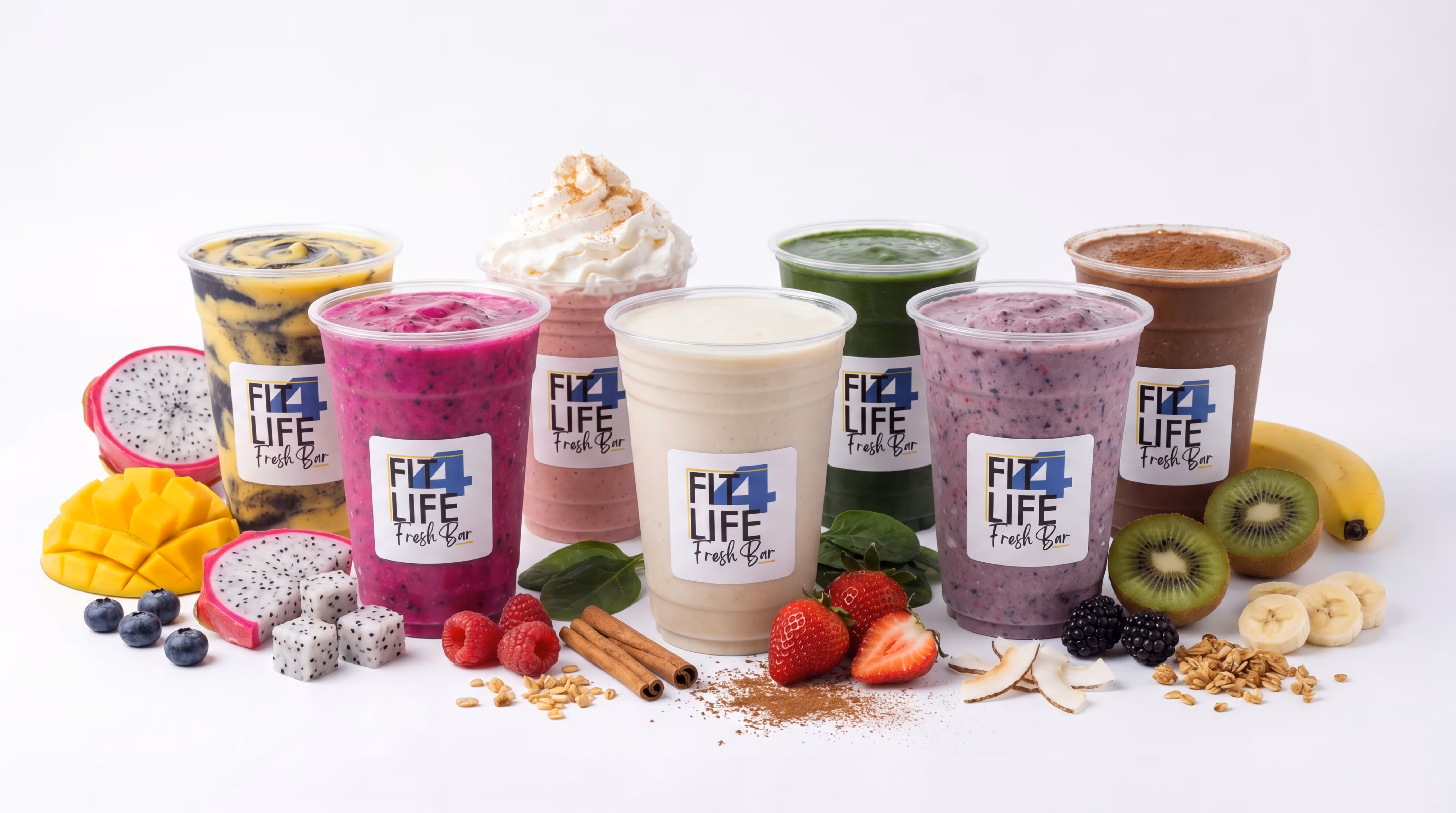 Fit4Life smoothies surrounded by fresh fruit