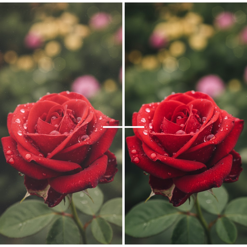 iPhone 17 Pro before and after photo of a red rose showing camera settings difference